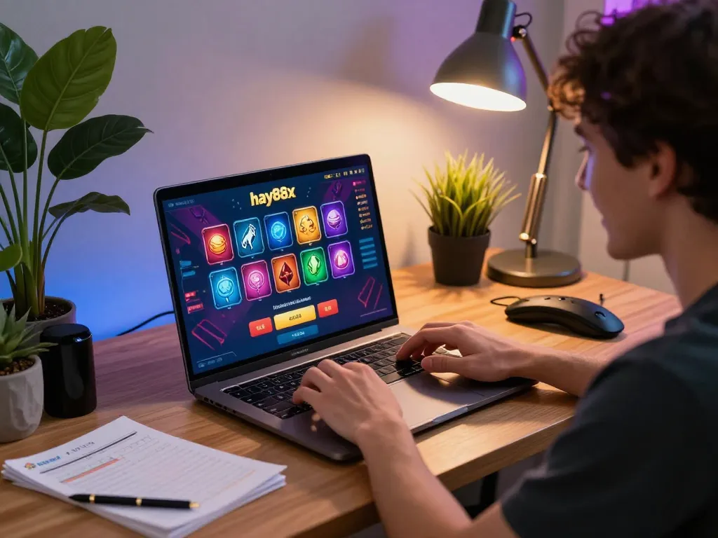 Engaging online gameplay with hay88x showcasing vibrant casino games in a stylish home office.