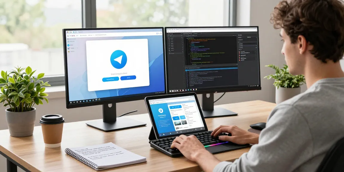 A developer reviewing features of 纸飞机中文版 on dual monitors in a modern tech workspace.