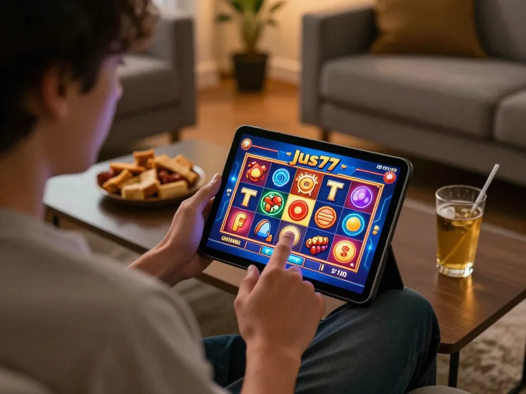 Engaging in online slot gaming on jus77 with vibrant visuals and cozy atmosphere.