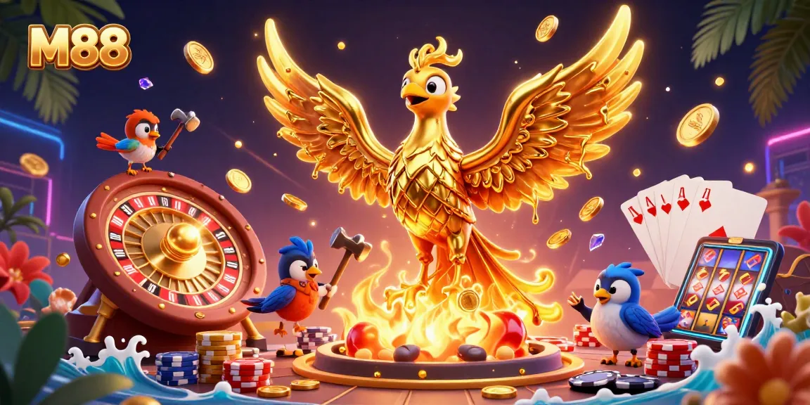 M88 online casino phoenix ignites fortune with coins and vibrant gems in dynamic gaming scene.