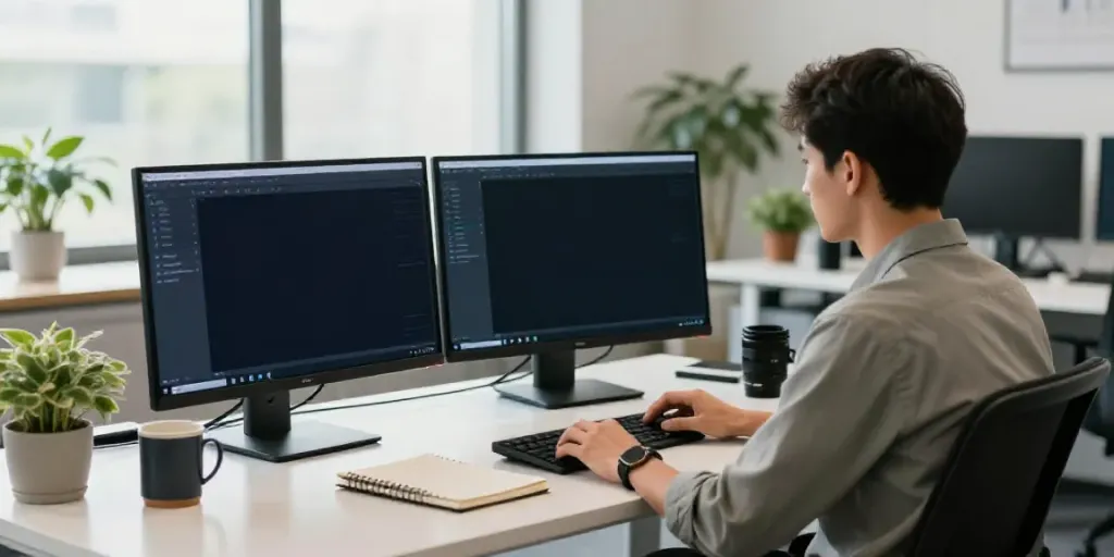 Professional workspace showcasing AI transcription service workflow.
