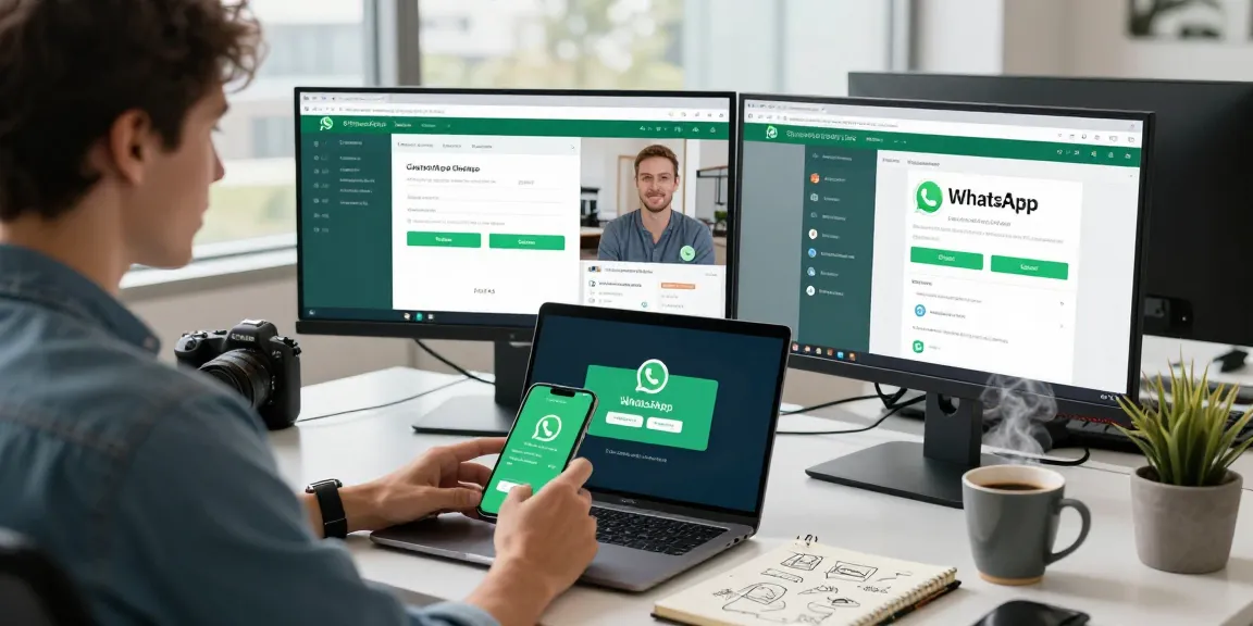 User accessing WhatsApp網頁版 on multiple screens in a modern workspace