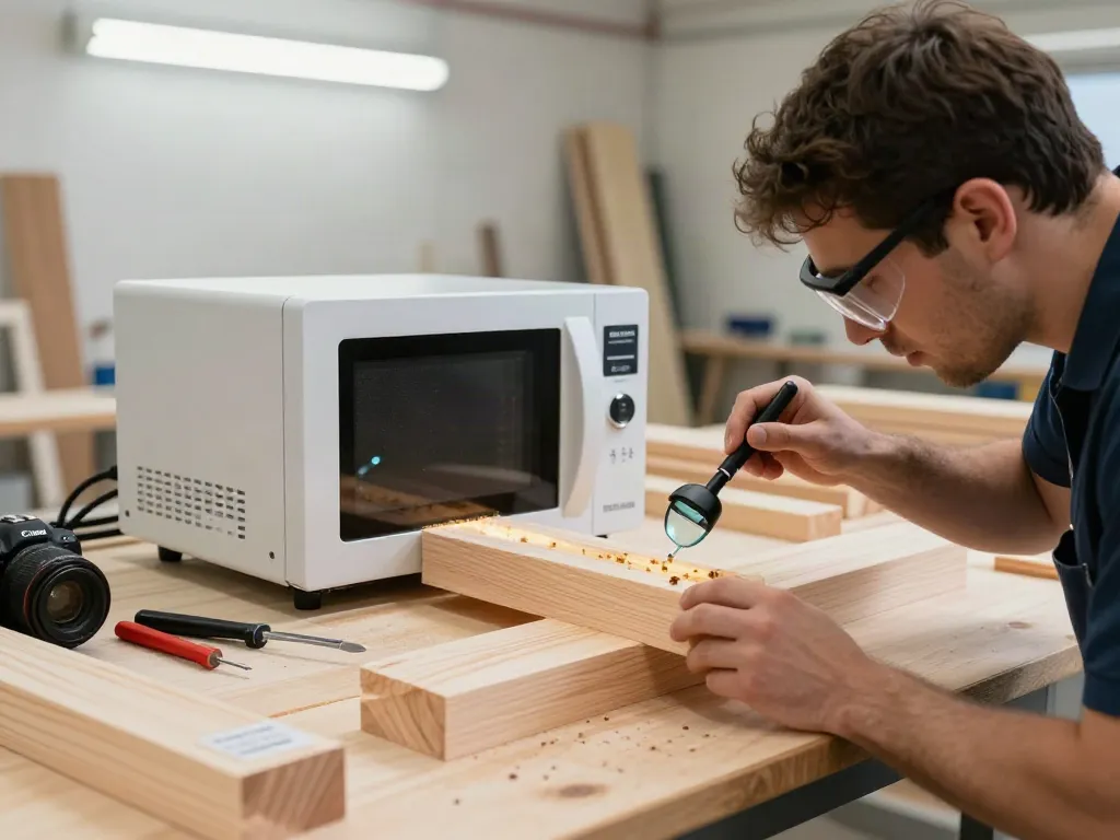 SHASHEL® microwave device in action eliminating wood-boring insects in a workshop.