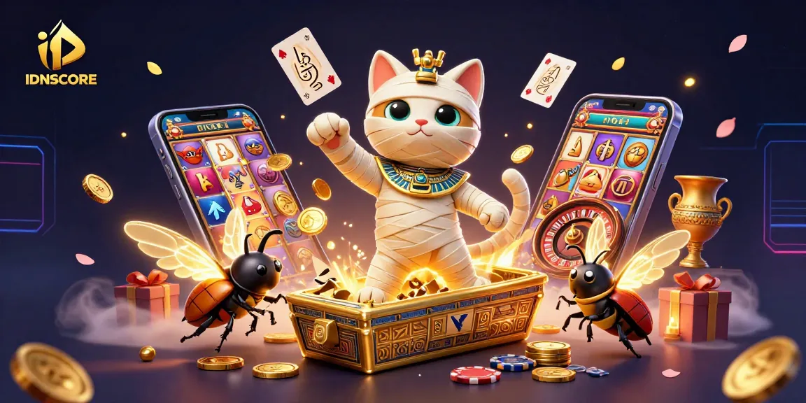 Experience exhilarating gameplay with IDNSCORE's dynamic casino scene featuring a vibrant mummy cat and colorful slot games.