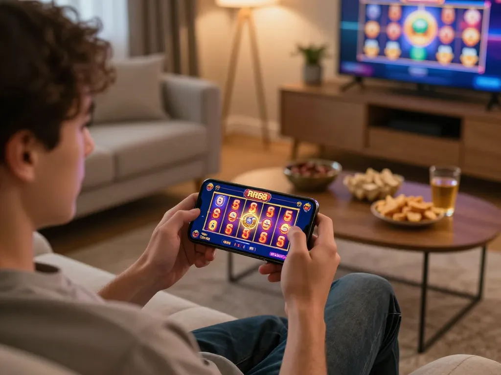 Player enjoying the RR88co casino app on smartphone, celebrating a slot machine win at home.