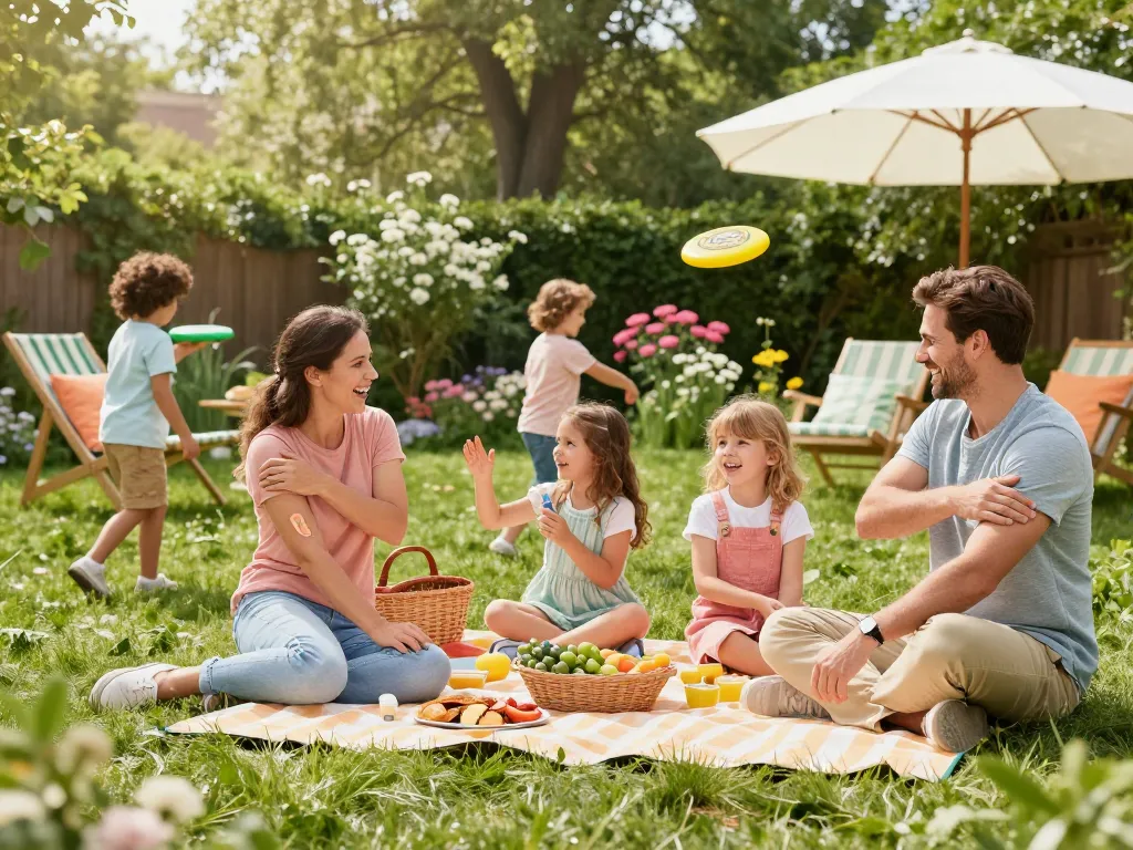 Family applying Best Mosquito Repellent during summer picnic in a lush backyard.