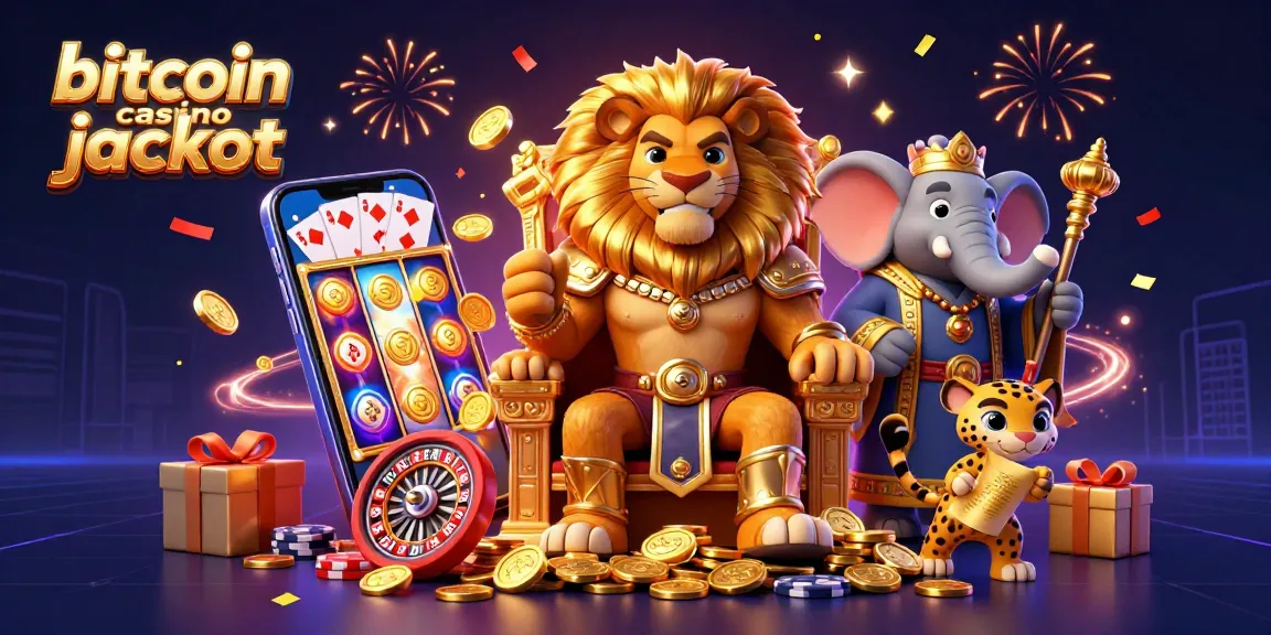 Experience the thrill of Bitcoin casino jackpot slots with vibrant, dynamic illustrations of games and characters.