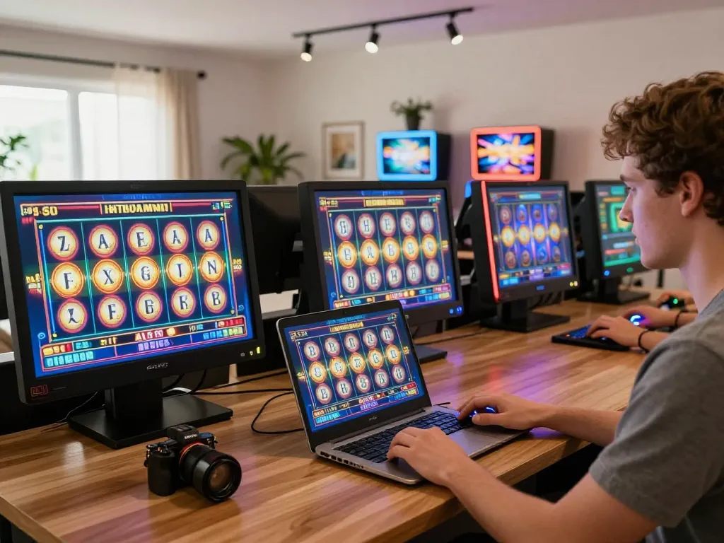 Player engaging with an exciting slot game on a laptop at home, showcasing vibrant reels and lively graphics.