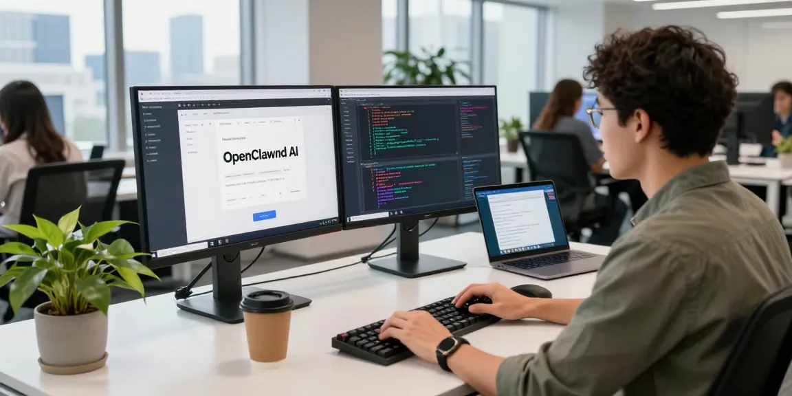 OpenClawd AI workspace with software developer coding and collaborating in a modern office setting.