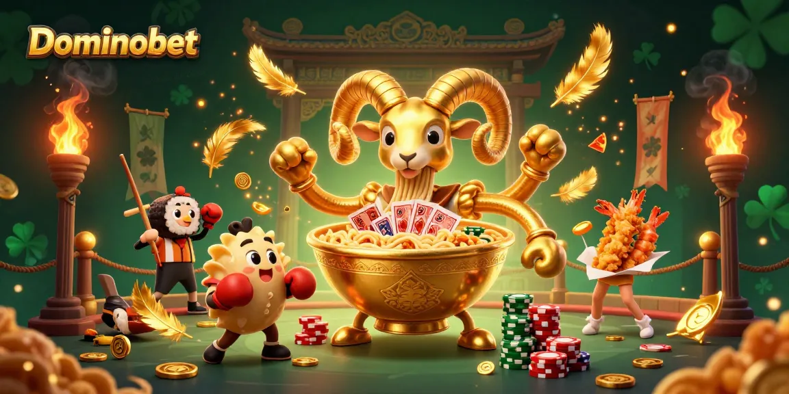 Engage with Dominobet's thrilling atmosphere featuring characters celebrating big wins and dynamic casino action.