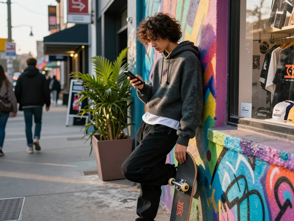 Individual in stylish jumper and hoodie exploring revelcollective.myshopify.com fashion items in a vibrant urban scene.