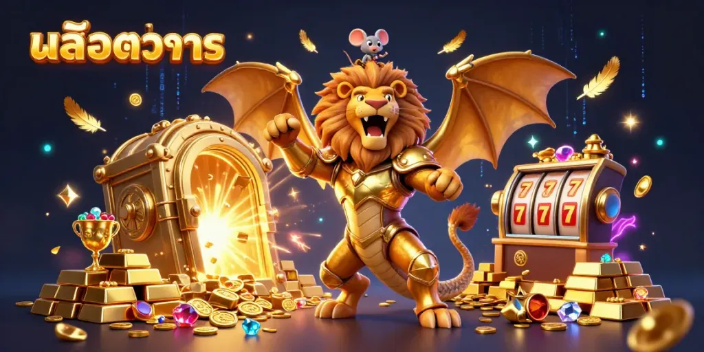 Engage with สล็อตทดลอง through an exciting 3D casino scene featuring dynamic chimeric characters, treasures, and slot elements.