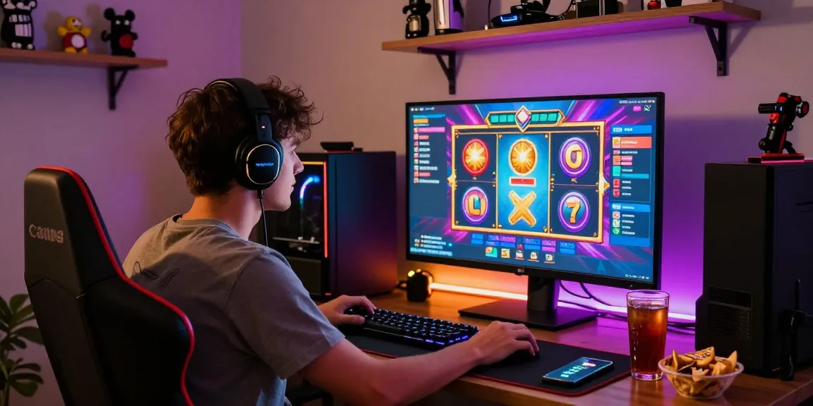 Engaging gaming moment at https://gravatar.com/playbook88official with vibrant slot game interface, cozy room lighting, and snacks.
