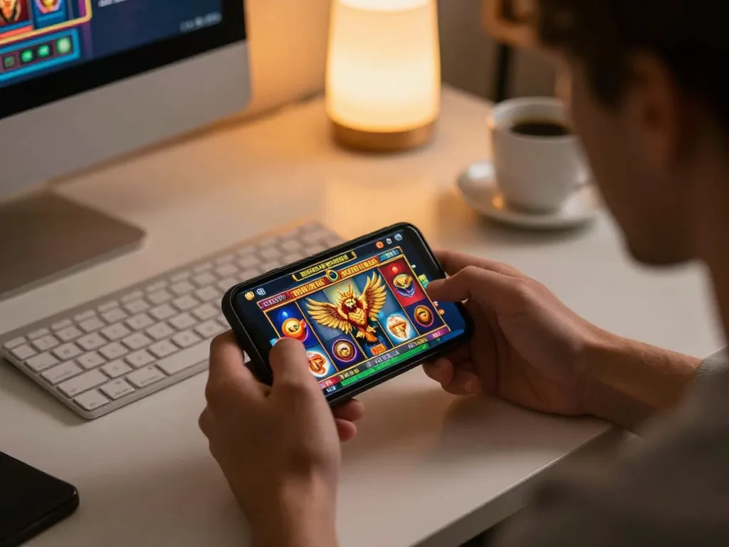 Engaged player showcasing garuda slot on a smartphone, immersed in an online casino gaming setup.