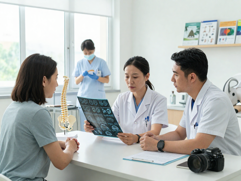 Consultation scene for Bel kayması ameliyatı with orthopedic surgeon and patient discussing treatment options.