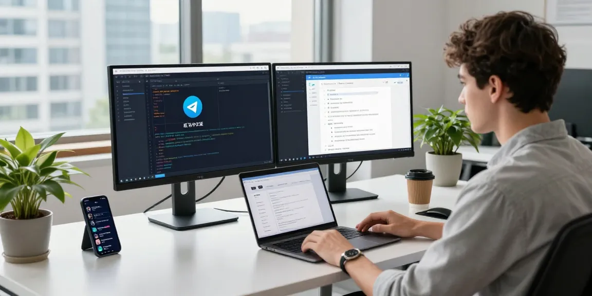 Developer showcasing 纸飞机中文版 in modern office workspace, with coding on dual monitors and tech gadgets.