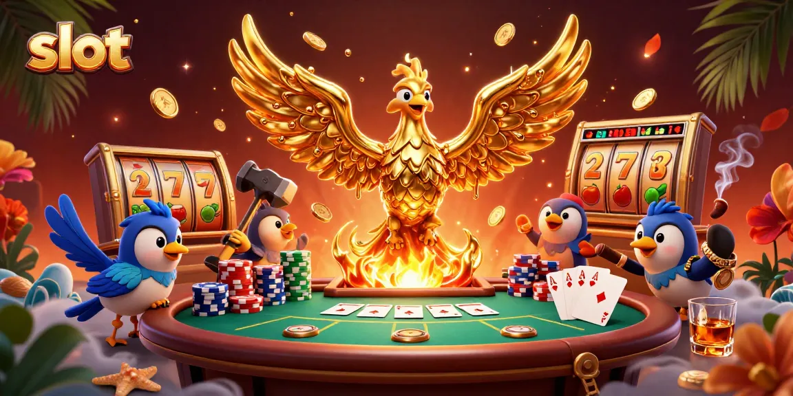 Putaran slot yang mengagumkan dengan phoenix emas dan elemen kasino mewah lainnya.