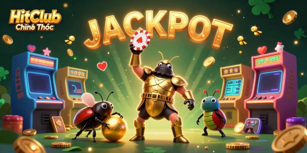 Experience HitClub Chính Thức with a huge poker chip lifted in victory by a gladiator beetle amidst glowing casino elements.
