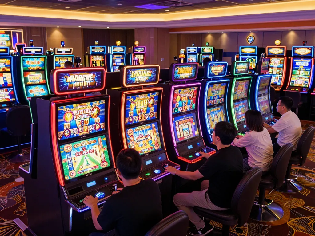 Players enjoying vibrant kerajaanslot games at colorful slot machines in a lively casino.