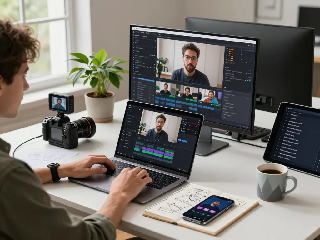 A professional user engaging with a video to promptgenerator tool on a laptop in a modern workspace, highlighting video analysis and prompt generation capabilities.