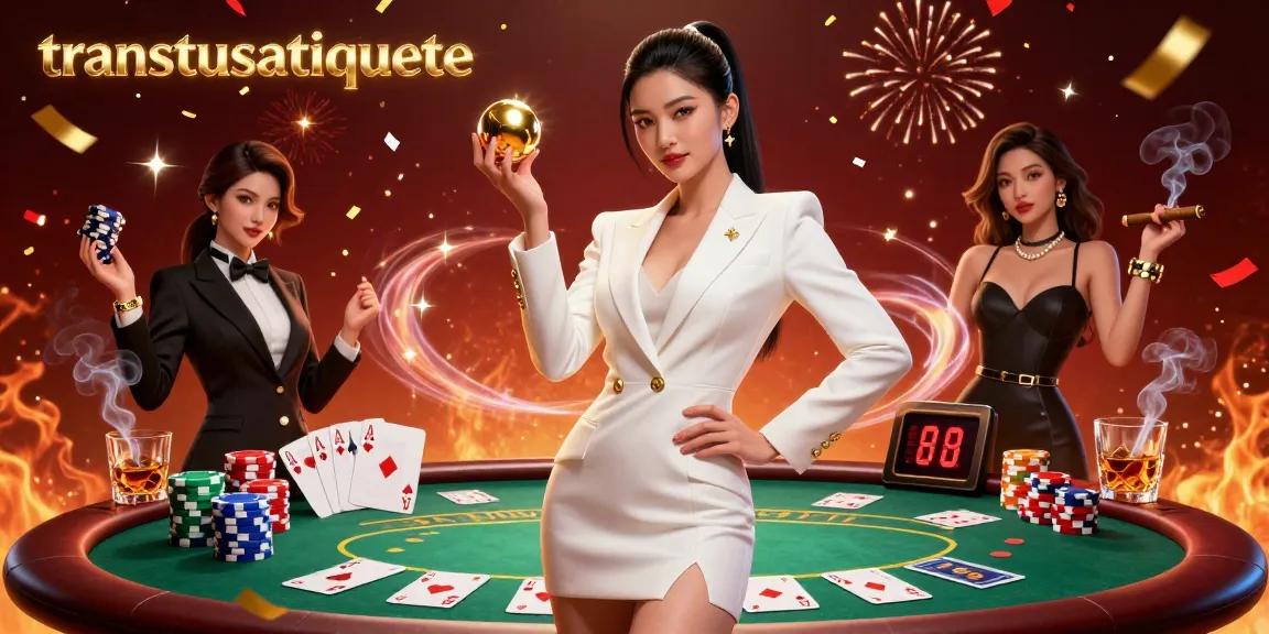 Win big with transtusatiquete in a vibrant casino scene featuring a stunning woman and dynamic poker elements.