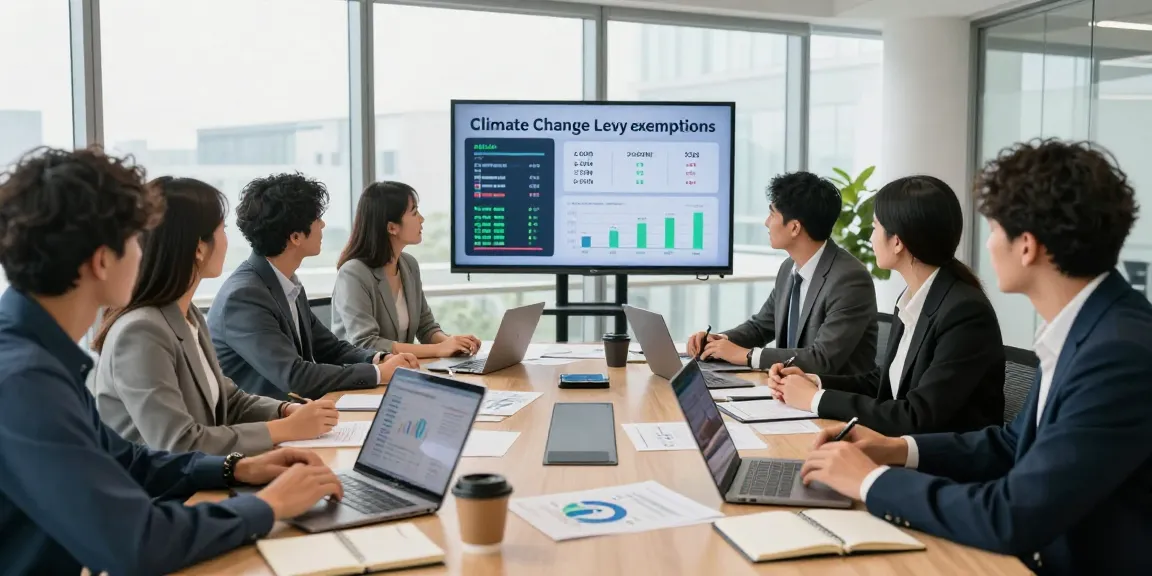 Discussing climate change levy exemption in a modern office with team experts analyzing 2026 energy costs.