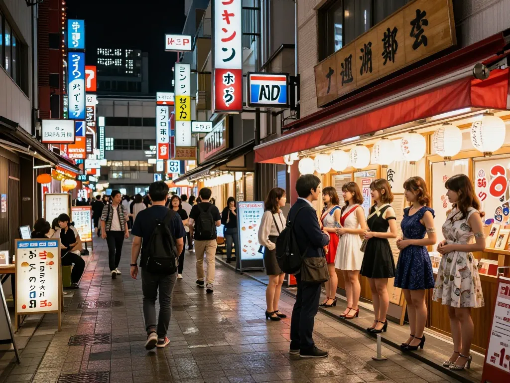 中洲のソープおすすめを活かした活気あるストリートシーンで、魅力的なホステスが輝くナイトライフを披露しています。