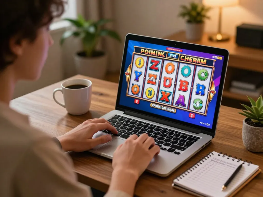 Pemain Bintangmpo menikmati slot klasik di laptop dalam suasana rumah yang nyaman.