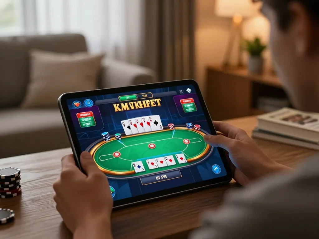 Player enjoying exciting online poker gameplay through rokok88 link alternatif on a tablet in a cozy home.