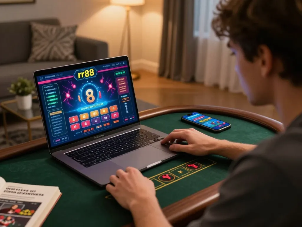 Player enjoying live dealer game at rr88 on laptop, showcasing vibrant casino interface and strategic betting.