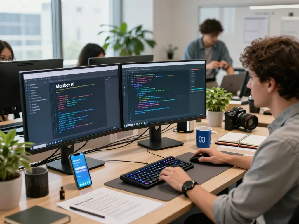 Moltbot AI shown on multiple screens in a tech workspace.