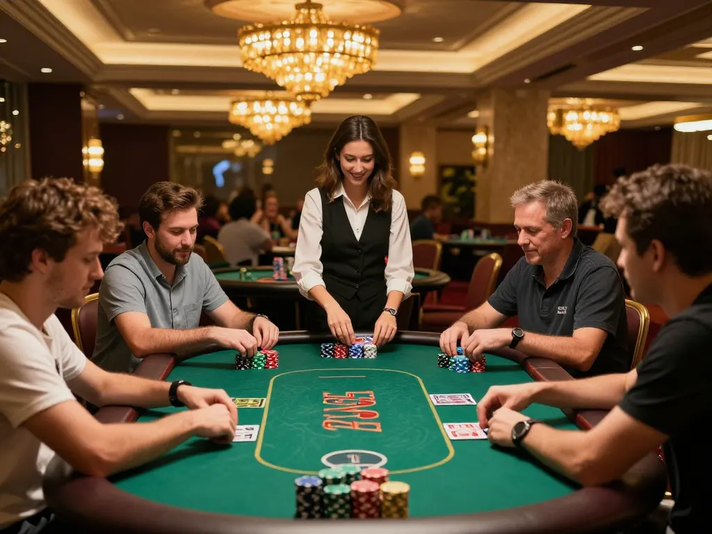 Enjoying a thrilling game of poker at mdg188, stacks of chips and focused players create an exciting casino atmosphere.