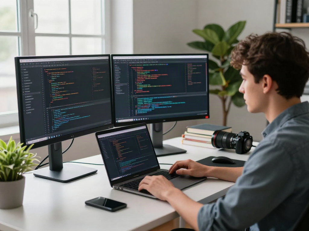 Bro138 software development workspace with dual monitors, coding books, and natural light.