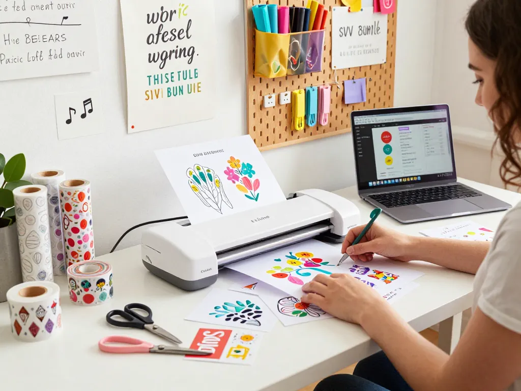 Person crafting with Cricut machine, surrounded by colorful cricut svg bundle designs and creative tools.