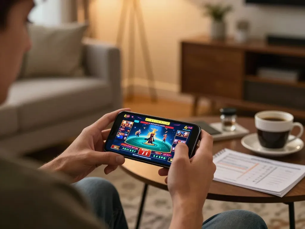 Engaged player using NK88 nhà cái uy tín app for online gambling on smartphone in cozy setting