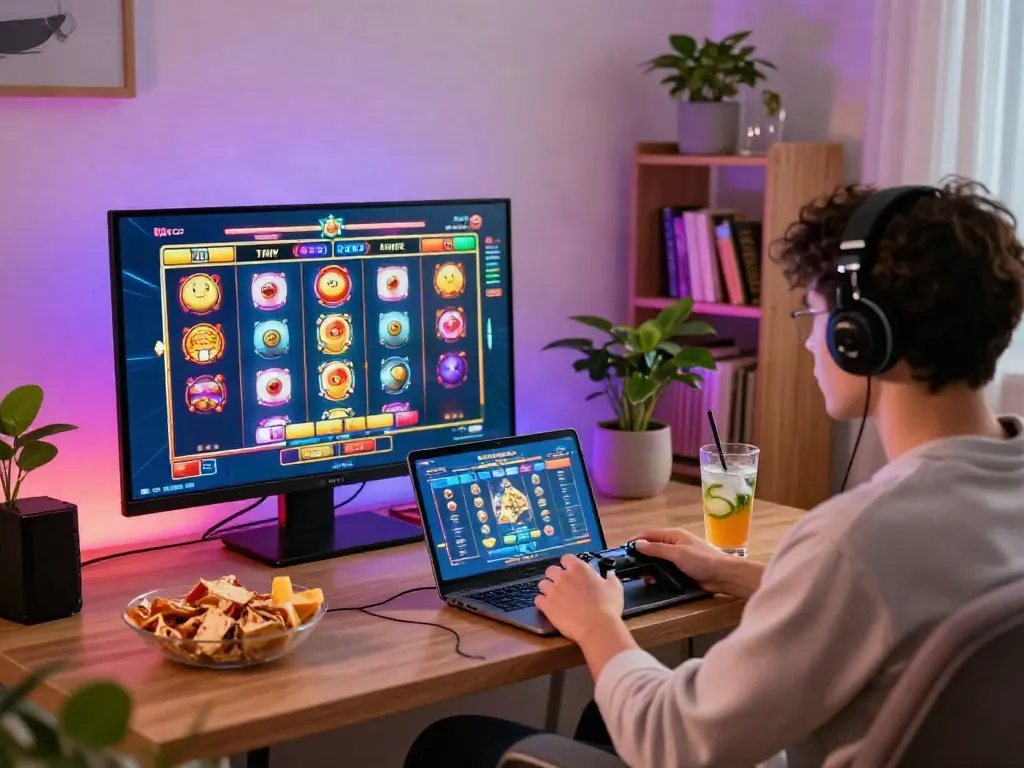 Player enjoying a slot game in a vibrant home gaming setup