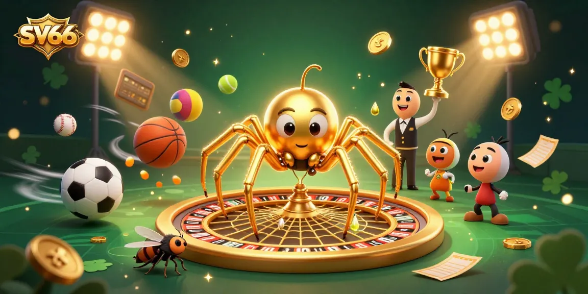 SV66 casino scene with a spider spinning a roulette wheel web, embodying high-stakes gambling action