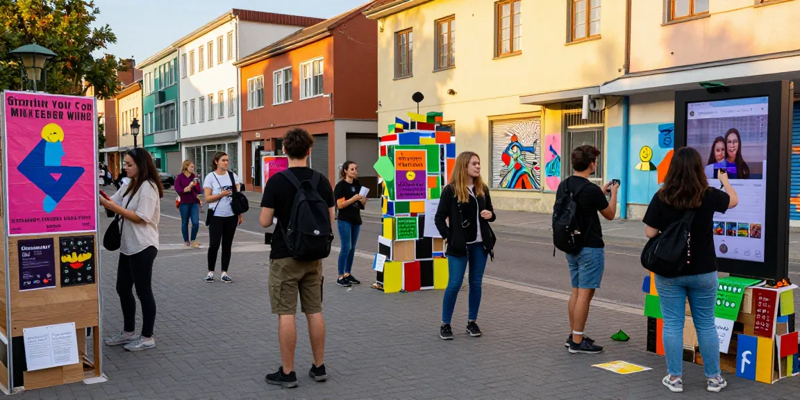 Guerrilla marketing techniques online showcased in an energetic urban scene.