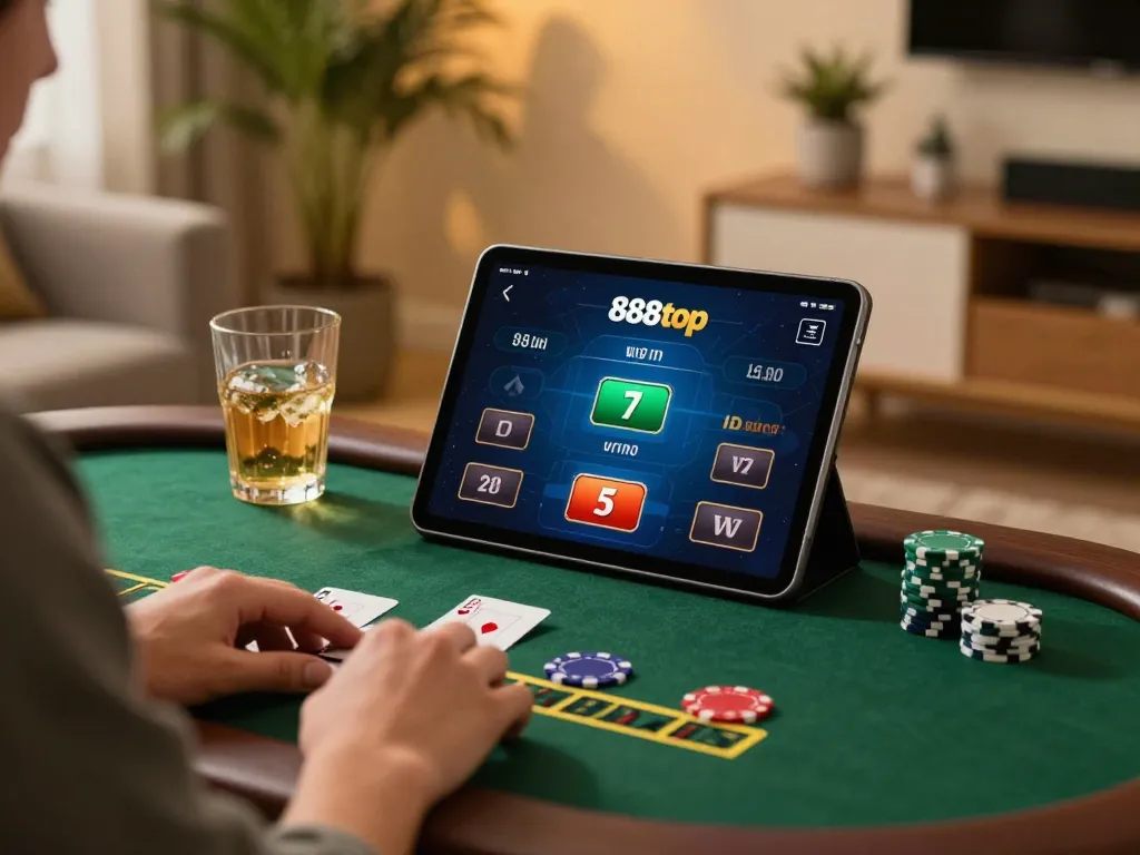 Engaging in live dealer blackjack on 888top's platform in a cozy home setting.