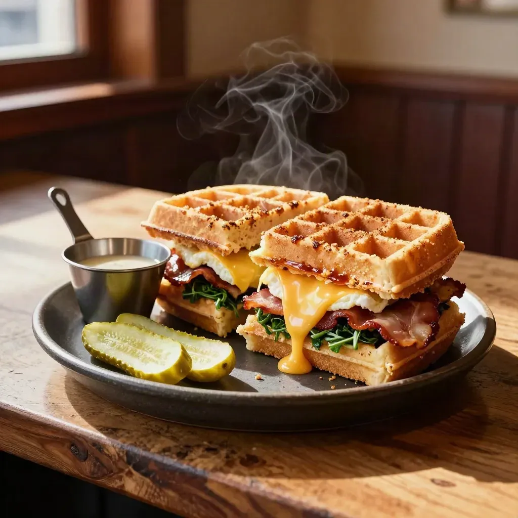 Split savory waffle sandwich with bacon, egg, greens, pickles, and stretchy cheese on a stoneware plate.