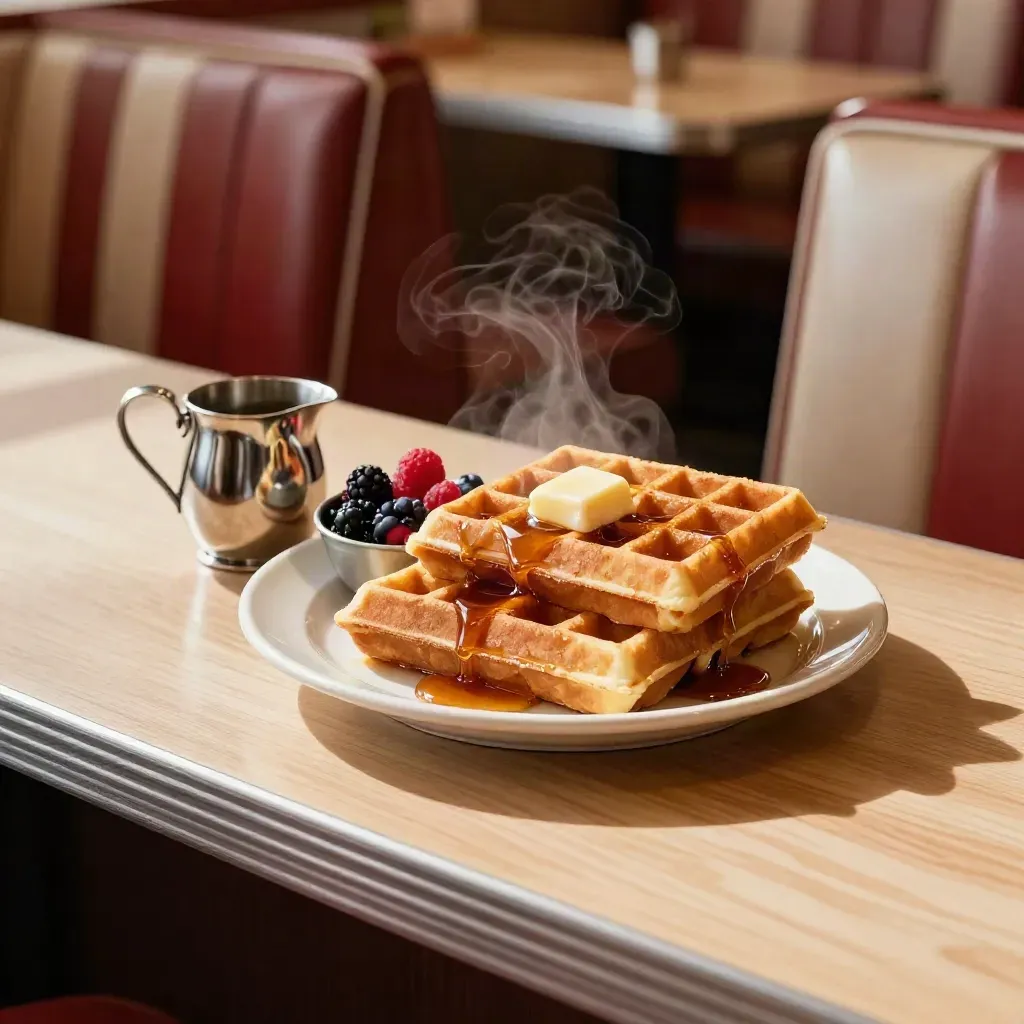 Two syrupy Belgian waffles with berries and a chrome pitcher in a warm diner booth setting