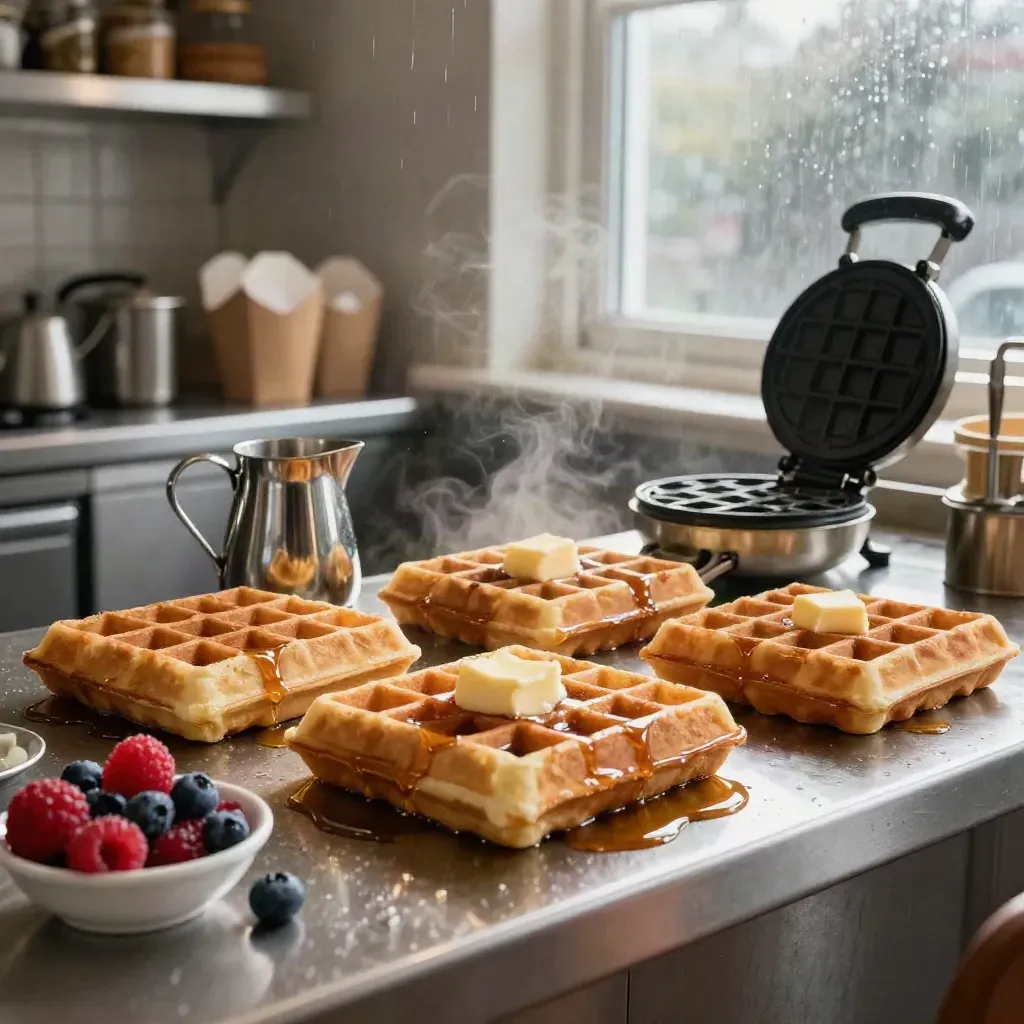 Belgian waffles with syrup, butter, berries and takeaway boxes in a rainy diner kitchen