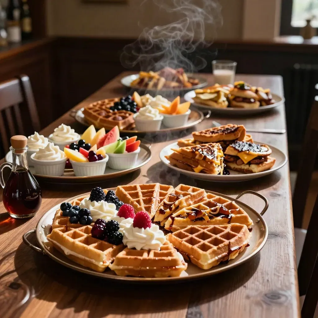 Three catering trays of waffles with fruit bowls, syrup pitchers, and cream in a moody buffet setup