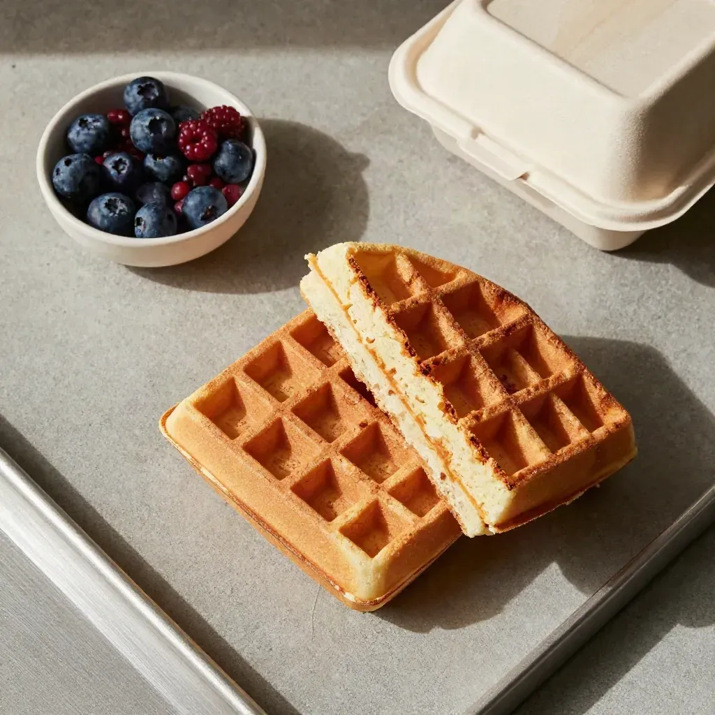 Overhead waffles, sandwich half, berries, takeaway box and tray corner on concrete