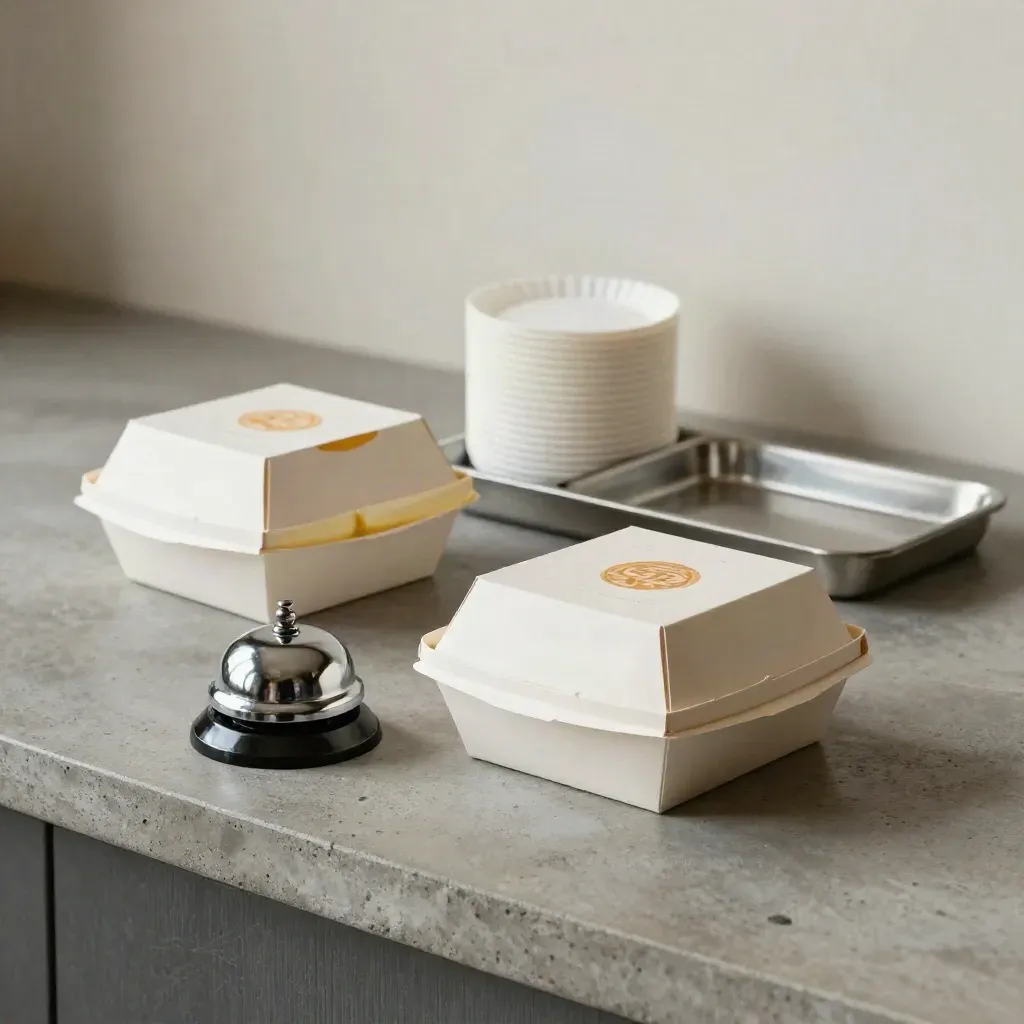 Sealed takeaway boxes, chrome bell, tray, and liners on a pickup counter