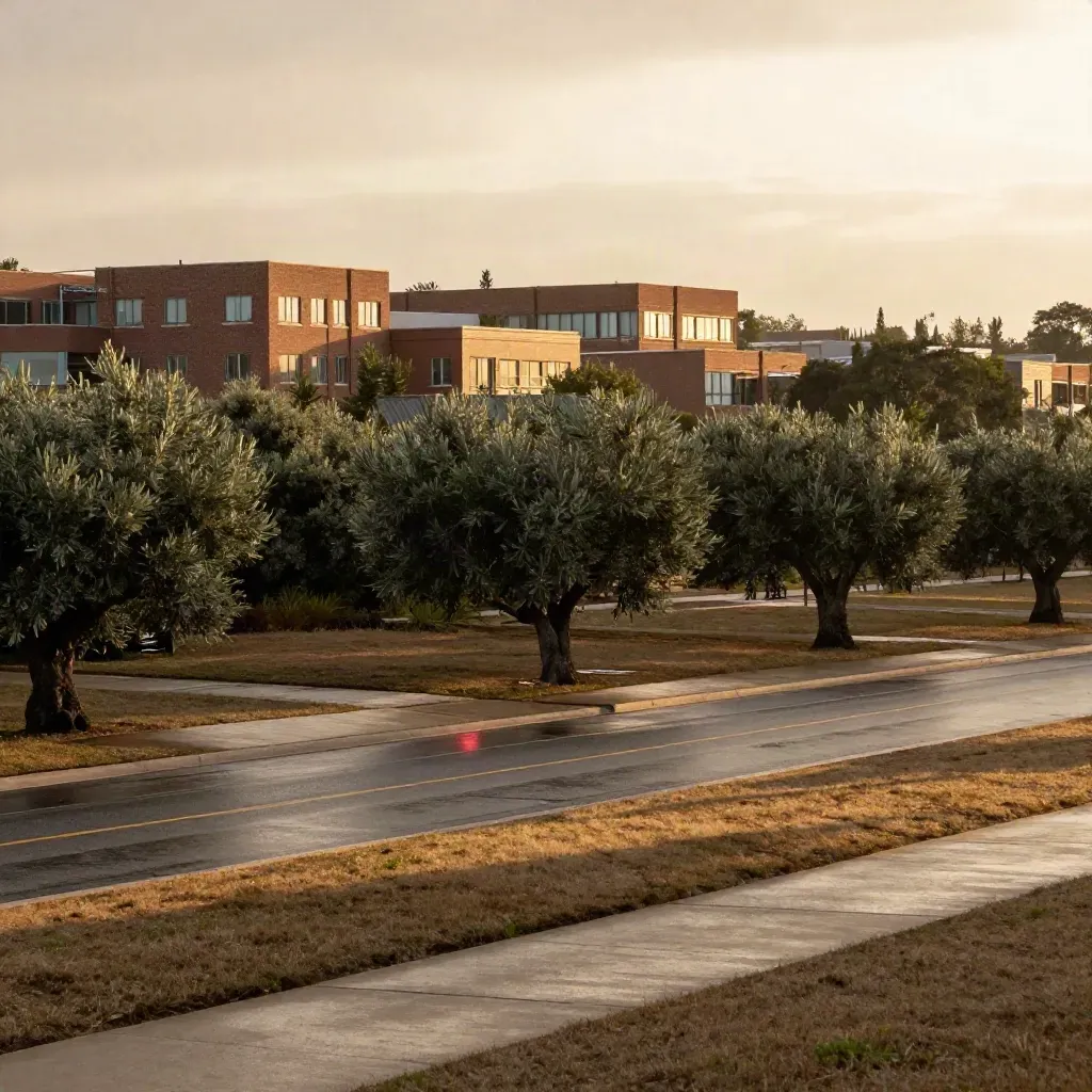 Golden-hour West Suburbs with brick buildings, trees, and a wet quiet parkway edge.