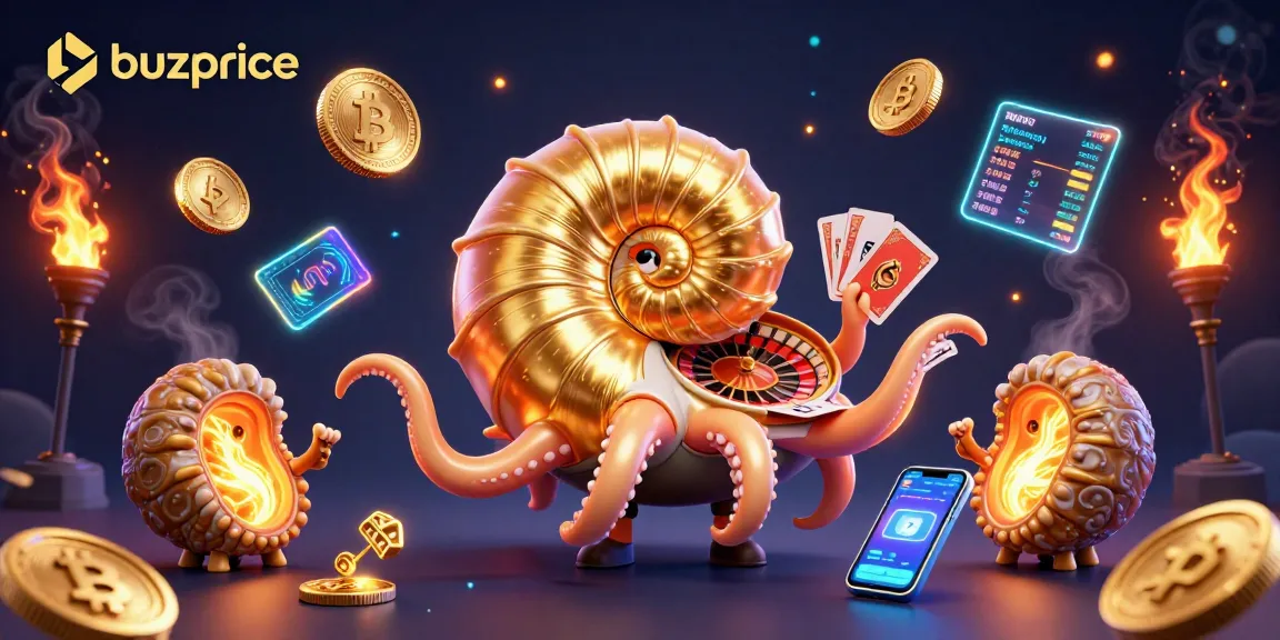 Bets come alive at buzprice, featuring a giant nautilus roulette wheel and glowing crypto elements.