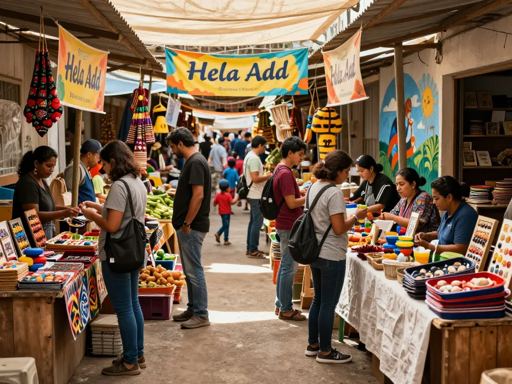 Community members engaging with Hela Add at a vibrant marketplace.