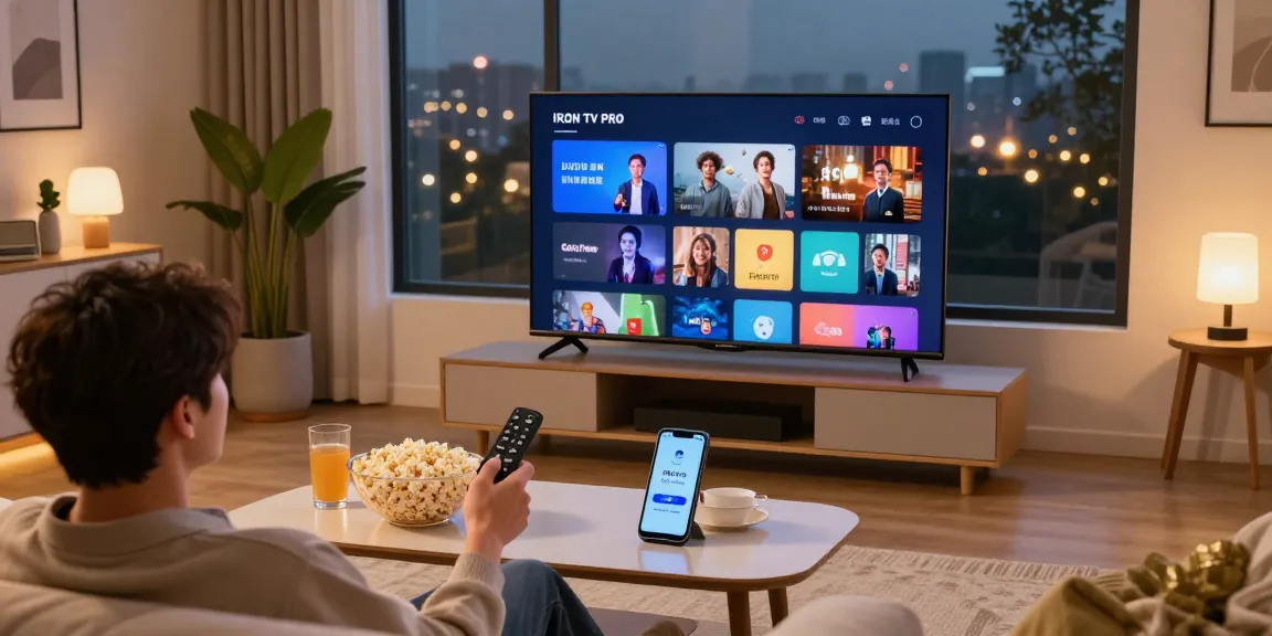 Enjoying IRON TV PRO on a Smart TV in a cozy living room atmosphere with snacks.