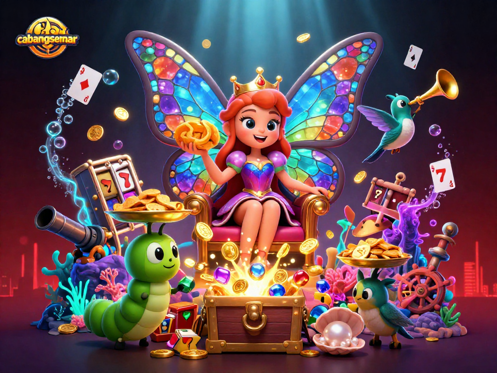 Menggoda pemain di cabangsemar dengan ilustrasi 3D ratu kupu-kupu dan elemen slot.